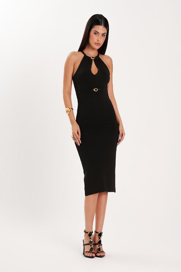 VESTIDO DE TRICO COM DECOTE FIVELA
