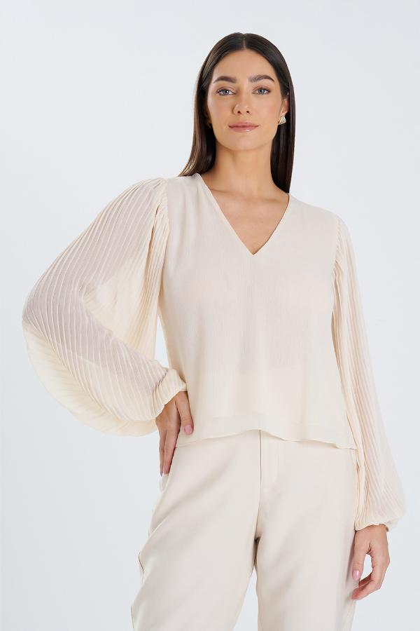 BLUSA DECOTE V COM MANGA PLISSADA