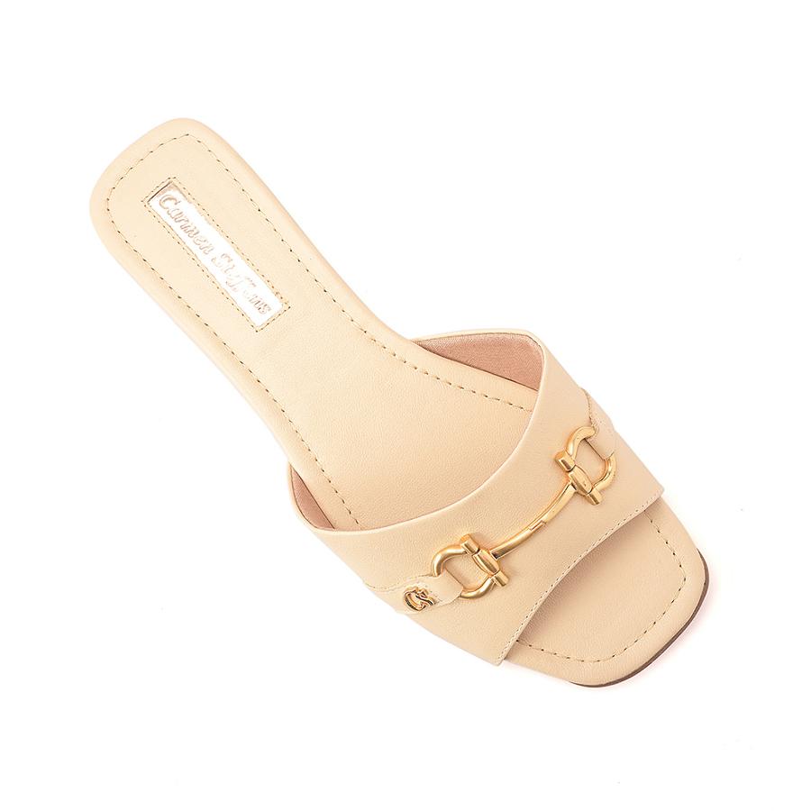 SANDÁLIA  RASA COM ENFEITE EM BANHO OURO ESCOVADO